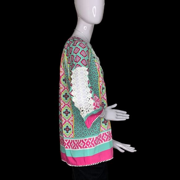 Multiples Boho Top Long Sleeve Multicolor Moroccan Print Size S 100% Ray… - Picture 11 of 15